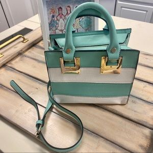 Small Mint Green & White Shoulder Bag with Zipper Closing and Gold Hardware